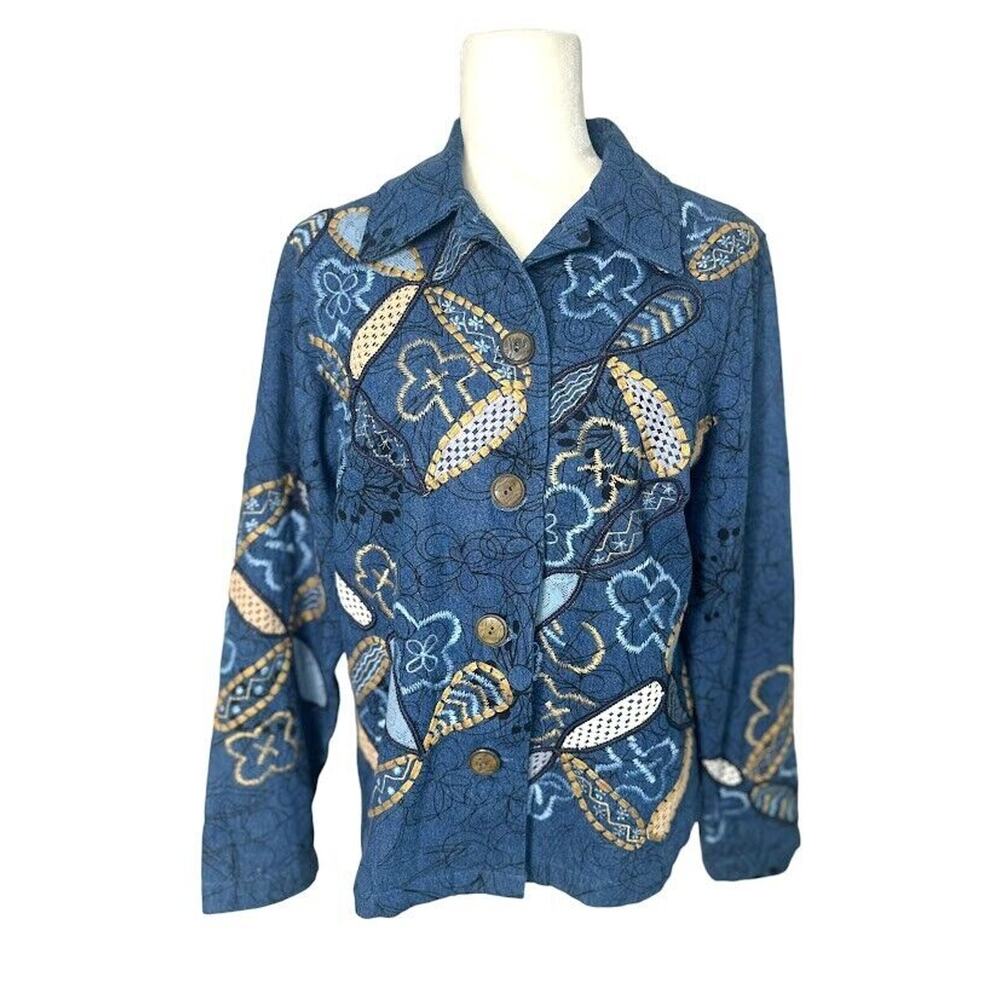 Vintage Coldwater Creek Embroidered Denim Jean Floral Jacket Small Boho Festival